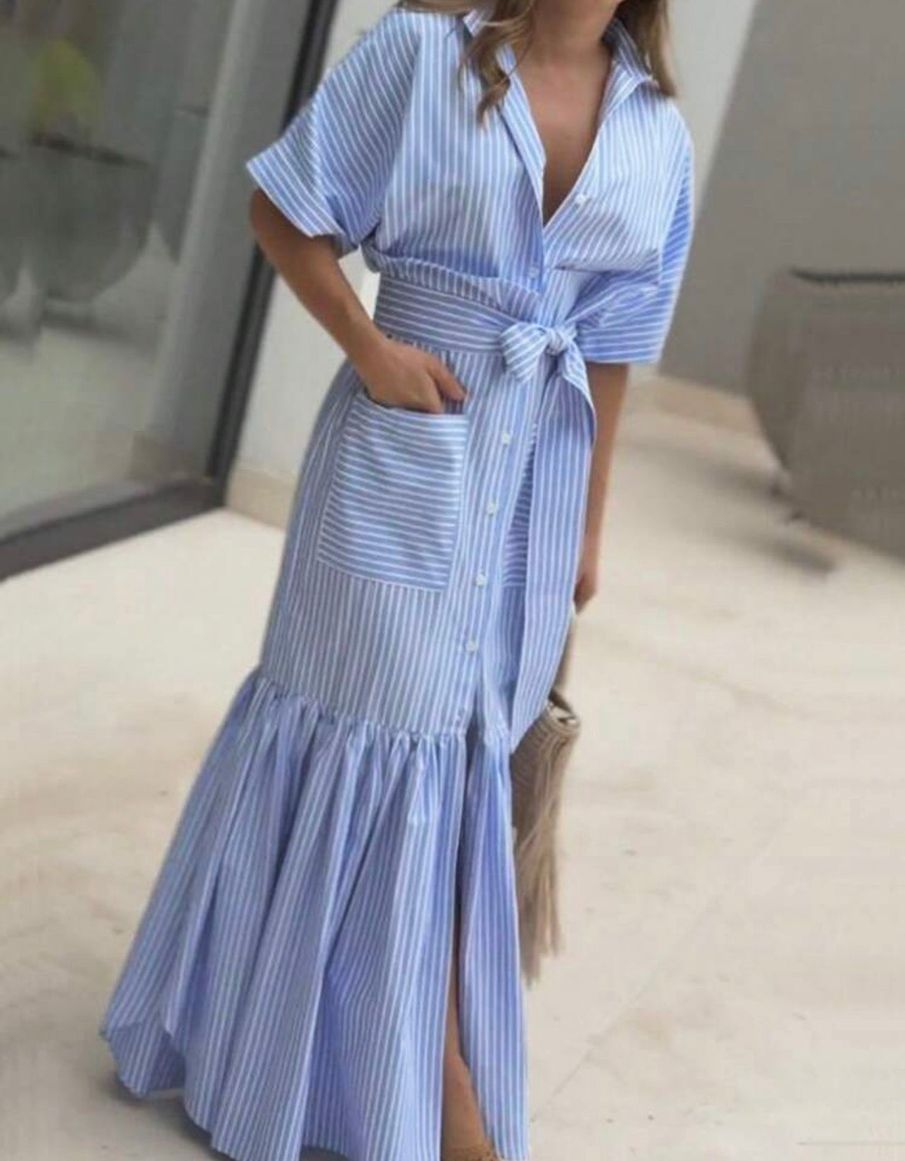 Striped Lapel Belt Dress